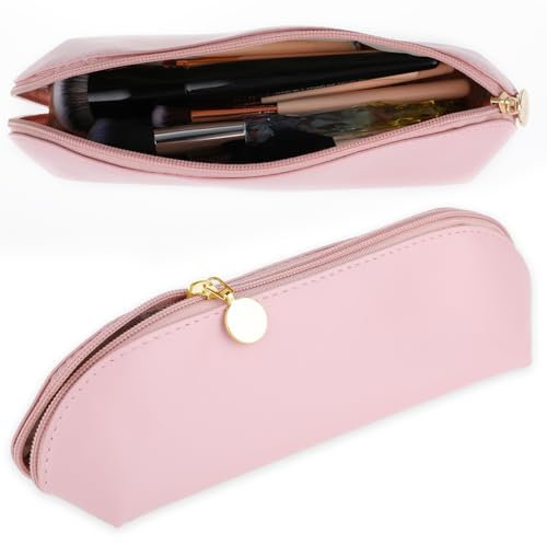 HJZHII Large Travel Makeup Brush Holder, PU Makeup Brush Bag Portable Travel Cosmetic Brush Pouch with Zipper Anti-Fall Out Makeup Tools PU Organizer for Travel Outdoor Bags Markers Change Coins(Pink)