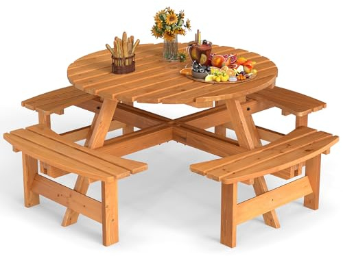 GIANTEX Salon de Jardin 8 Personnes en Bois de Sapin, Table de Jardin Extérieure avec Chaises, Trou de Parasol, pour Réunion Familiale, Fête, Anniversaires en Extérieur (Jaune,179 x 179 x 70 cm)