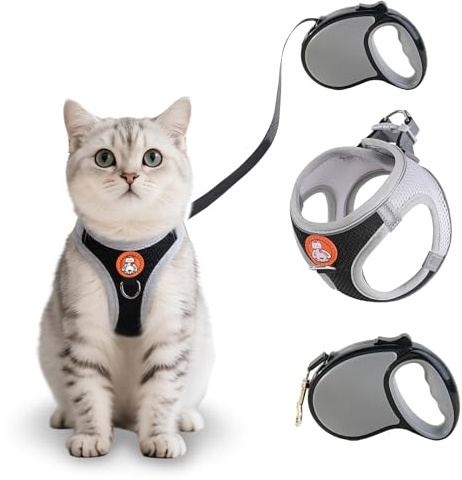 Shyllin Pettorina Gatto con Guinzaglio per Gatti Allungabile, Pettorina Gatto Antifuga, Regolabile Imbracatura Gatti in Maglia Traspirante con Rivestimento Riflettente per G atto Passeggiate (Nero, M)
