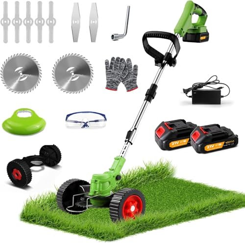 Cordless Garden Strimmers,Electric Cordless 21v Grass Strimmer with 2 X 2000mAh Battery, Adjustable Metal Blades,Garden Trimmer Telescopic Lightweight with Roller for Gardens,Park Lawns (Green)