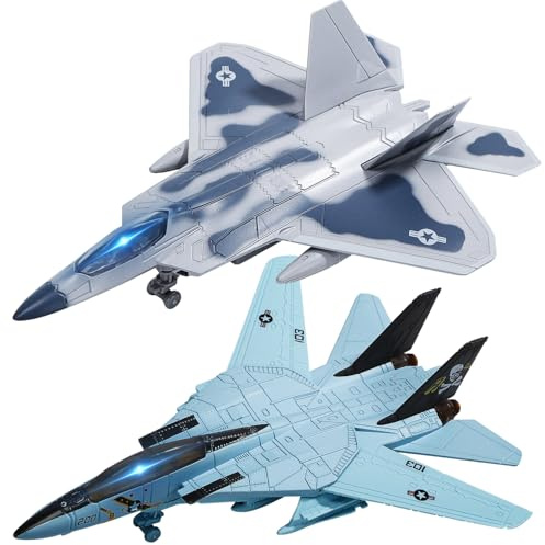 HOLYFUN Doppelte Kampfjets F14 & F22 – Metallflugzeuge mit Licht & Sound, Rückzieh Militär Flugzeug Spielzeug Geschenk für Kinder & Jungen