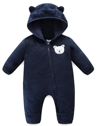 KIDDLETOWN Baby Snowsuit Newborn Fleece Hooded Romper Jumpsuit Cartoon Bear Baby Snowsuit Newborn Clothes Fall Winter Outfits Boy and Girl One-Piece Suit with Hood Zipper Romper Outwear 0-3 Months