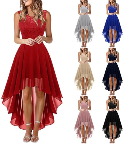 Robe de Cocktail Femme Longue Robes Soirée en Dentelle Mousseline de Soie Robes Chic Elégant sans Manches Sexy Robe Asymétrique (01 Rouge, XL)