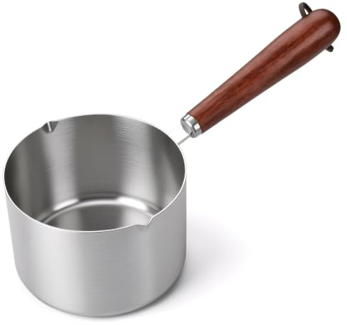 Klein Butterpfännchen Edelstahl 500ml Milchtopf Mit Ausgießer | Soßenpfanne Holzgriff Suppentopf Abgestufter Löffel Messbecher für Küche Restaurant Suppe Milch Tee Kaffee