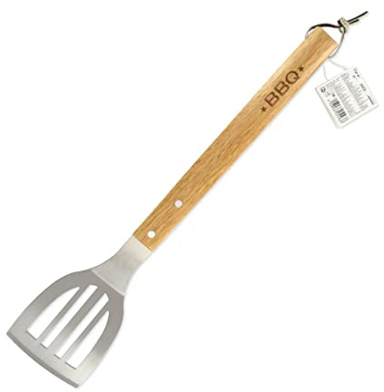 Fackelmann 25193 Pelle pour barbecue ajourée, pelle ajourée géante à barbecue, Spatule pour barbecue, Bois, Acier inoxydable, Brun, 42,5 cm