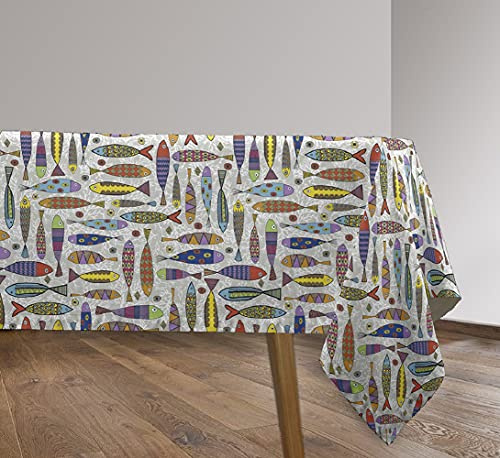 Vilber, Mantel de Tela confeccionado, Rectangular, Resinado, con Tratamiento Antimanchas, Impermeable, Estampado SARDINAS. SANTOÑA-R10, Multicolor, 100 x 136 cm