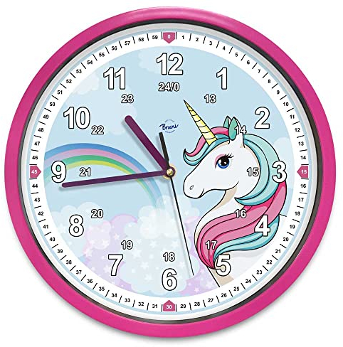 Einhorn Kinder-Wanduhr lautlos - ideale Kinderzimmer-Uhr für Mädchen und Jungen, geräuschlos, ohne Tickgeräusche