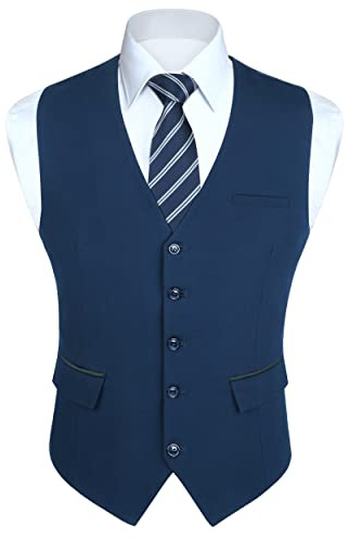 HISDERN Gilet Uomo Blu navy Elegante Gilet da Abito Formale Matrimonio Panciotto Classico per Business con Tasche L