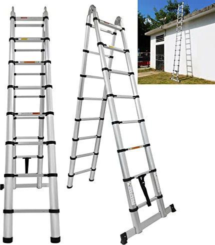 Teleskopleiter, einziehbare Sicherheitsleiter, 5 m (2,5 m + 2,5 m) A-Typ, Mehrzweck-Dachbodenleiter, Edelstahlrahmen, klappbar, einziehbare Bibliotheksleiter, max. Tragkraft 150 kg