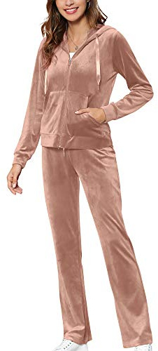 MessBebe Womens Velour Tracksuits Set Sweatsuit Hoodie Top and Jogging Pants Casual Loungewear 2 Piece Sportswear Dusty Pink S