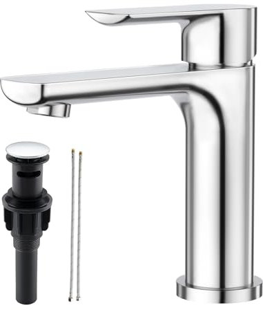 ubeegol Miscelatore per lavabo Miscelatore monocomando Rubinetto per lavabo con scarico a scomparsa, miscelatore per lavabo Rubinetto ad alta pressione Rubinetto per bagno in acciaio inox,Cromo