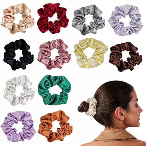 Nogeqi 12 gomas elásticas de satén de seda suave para mujeres y niñas, sin daños, grandes coleteros de satén para el cabello, coleteros de satén para cabello rizado (12 colores)