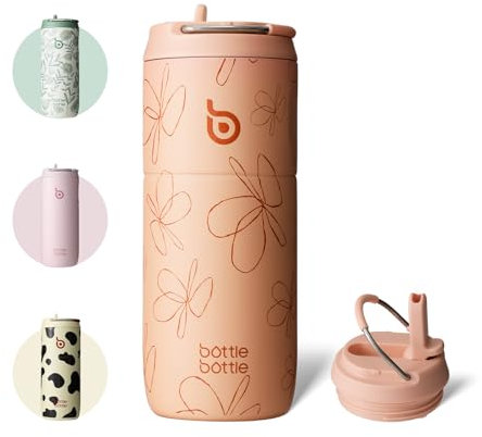 bottlebottle Edelstahl Trinkflasche mit Strohhalm 500ml, auslaufsichere Sportwasserflasche, ideal für Schule, Büro, Wandern und Ausflüge, BPA-frei (Gelbe Blumen)