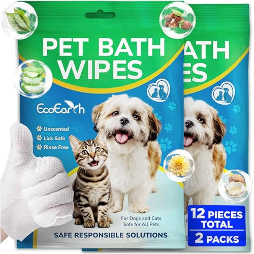 EcoEarth - Toallitas prémium para Perros y Gatos - 12 Guantes - Guante de baño desechable para el baño y el Aseo - Patas y Cuerpo limpios