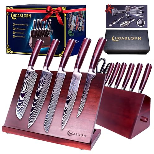 15-Piece Damascus Steel Knife Set with Magnetic Block, German Stainless Steel Chef Knives & Wine Tools, Gift for Home Cooks & Culinary Gifts