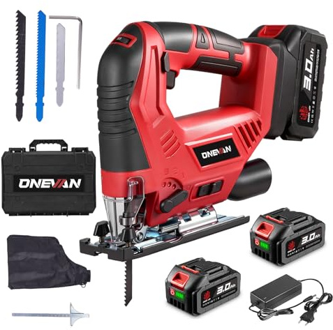 ONEVAN Scie Sauteuse sans Fil avec Raccord d'Aspiration, Course de 24mm, 3 Réglages Orbitaux, Coupes en Onglet ±45° & LED, 2x3.0Ah Batteries & Coffret Plastique, Scie Sauteuse Électrique pour Bois, Mé