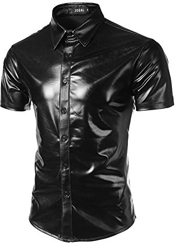JOGAL Mens Metallic Shiny Nightclub Styles Short Sleeves Button Down Dress Shirts Large A316 Black
