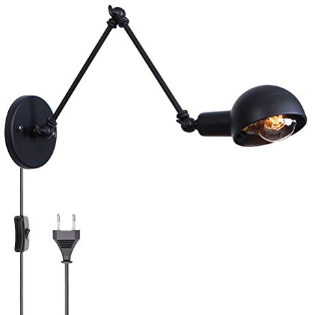 Lange Arm Wandleuchte mit Schalter, Verstellbar Retro Metallarm Wandlampe Vintage Innen Bettlampe Wohnzimmer Wand-Leselampen, mit Kabel Stecker, E27 Schwarz Innen leuchte für Schlafzimmer Wohnzimmer
