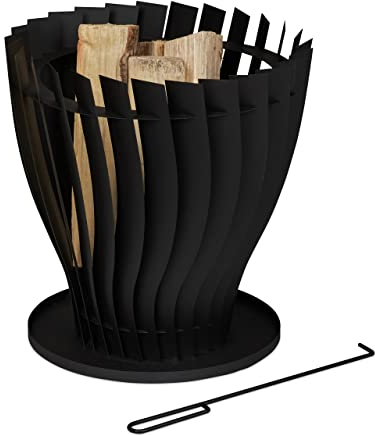 Relaxdays Brasero Exterior, Estufa Redonda con Atizador, 42 x 40 cm, Cubo Fuego de Acero, Chimenea Jardín y Patio, Negro