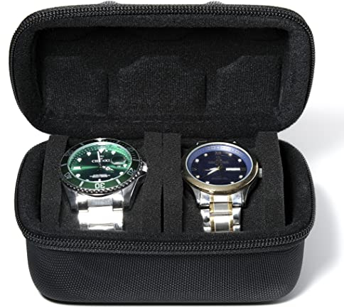 AUKURA 2 slot Hard Watch Travel Case, Watch Roll Case Storage and Organizer for Men and Women, with anti-move watch pillow (Black fabric 2 slot)