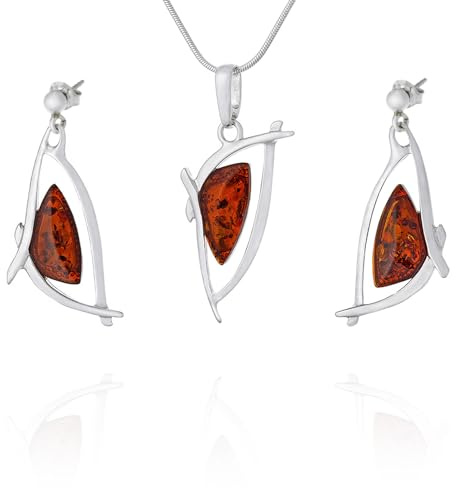 AMBEDORA Smyckesset för kvinnor Sophie | sterlingsilver 925 glans | baltisk bärnsten i konjak | kedjehänge och örhängen | Färdigt presentset, Sterlingsilver, Bärnsten