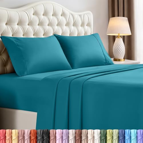 Utopia Bedding Set di lenzuola per letto matrimoniale, 4 pezzi, in microfibra spazzolata, resistente al restringimento e allo sbiadimento, facile da pulire (completo, blu denim)