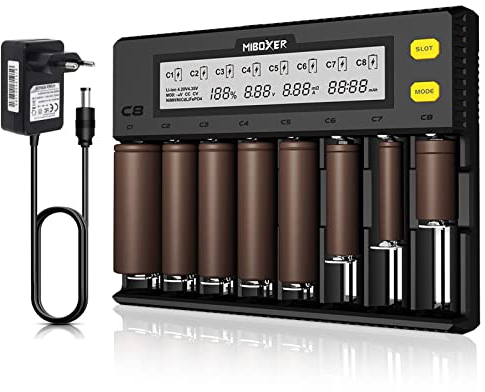 Caricabatterie Universale, AUKSKY Caricabatterie 18650 con Display LCD per Batterie NI-MH, NI-Cd, AA, AAA, 14500, 18350, 21700, 26650, Li-Ion LiFePO4, RCR123A (8 Slot)