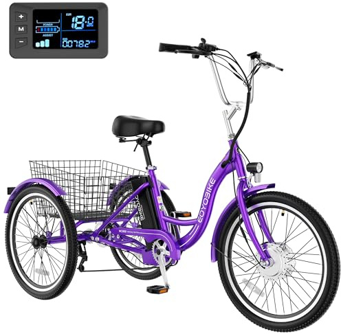 H&ZT 350W Electric Tricycle, 7-Speed E-Trike with 36V 10Ah Lithium Battery, 15MPH, 24/26 3-Wheel E-Bike for Adults with Rear Basket
