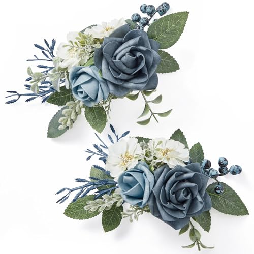 Serwalin 𝗦𝗲𝘁 𝗼𝗳 𝟮 Boutonniere for Men Corsage with Pins,Groom and Best Man Boutonnieres for Wedding Prom Ceremony Anniversary and Party Cake Topper(Dusty Blue)