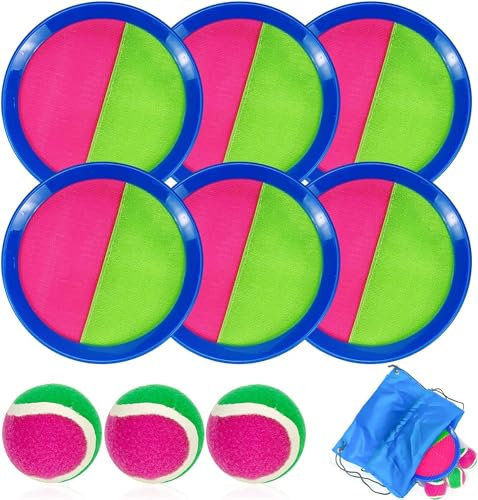 Jeffbaubl Klettballspiel Catch Ball Set,Klettballspiel für Kinder mit 6 Klett Ball Paddle und 3 Klettball, Wurfspiel Kinder, Klettball Strandspielzeug Garten Outdoor Spiele für Kinder ab 3 4 5 6 7