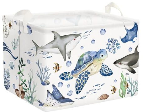 Clastyle 36L Groß Meer Tiere Schildkröte Hai Weiß Aufbewahrungskorb mit Henkel Rechteckig Spielzeug Kleidung Aufbewahrungsbox für Kinderzimmer Bad