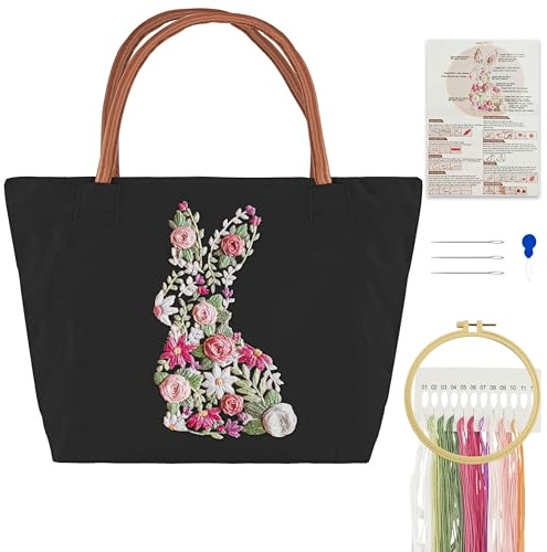 Turmaster Broderikit Vuxen med Canvas Tote Bag, Broderikit Vuxen Nybörjare med Kaninmönster, Broderiram, Trådar, Nålträdare och DIY Broderiverktyg, Svart