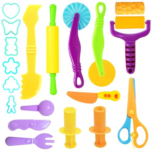 AWNOGKUE Playdough Tools Set, 18 Pcs Play Dough Sets for Kids Ages 4-8, Creative Play Dough Accessories with Clay Cutters, Roller, Molds, Safety Scissors, Educational Toys for Boys Girls