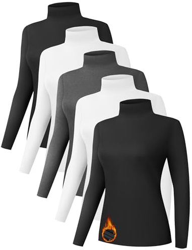Kinglaman 5 Pack Turtleneck Thermal Shirts for Women, Turtle Neck Long Sleeve Fleece Lined Base Layer Underwear Tops 2 Black 2 White 1 Heather Grey Large