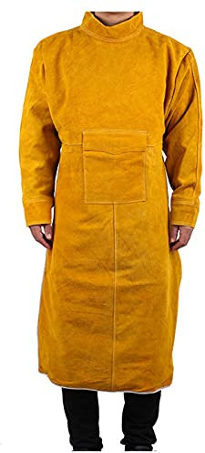 PZOFERLIN Tablier de soudeur en cuir Tablier de soudage en cuir de vachette avec manches et poches, jaune, 85-120 cm(120)