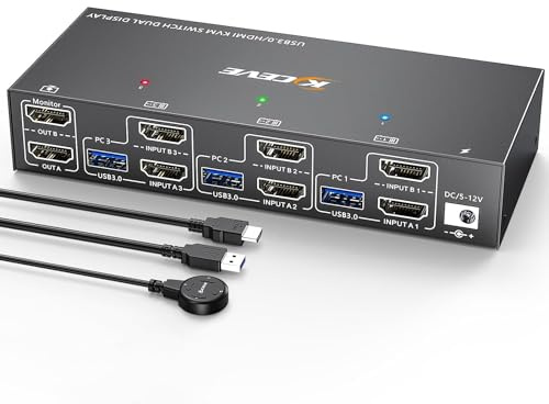 KVM Switch 2 Monitore 3 PC HDMI, KCEVE 4K@60Hz Dual Monitor USB 3.0 KVM Umschalter mit EDID Emulator, unterstützt Kopieren und erweiterte Anzeige, für 3 Computer teilen sich 2 Displays