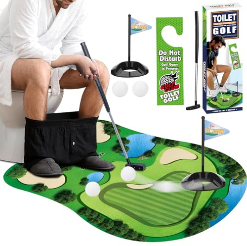 Pipihome Golf Toilette, Mini Golf Accessoire Set à la Maison, Mini Cadeau Rigolo Homme pour la Salle de Bain avec Club de Golf, Tapis Golf et Balle de Golf, Idéal pour Hommes, Femmes Adolescents
