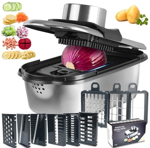 Ecopandy Dicer Smart 9-i-1 grönsaksskärare, mandolinskärare i rostfritt stål, 11 stycken, julienne och tärningsskärare för gurkor, lök, potatis, frukt, skivor, remsor (mönster)