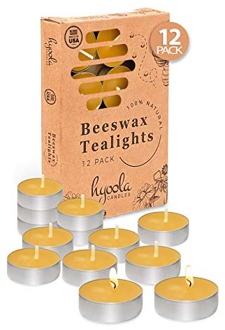Hyoola Beeswax Tealight Candles in Aluminum Cup - 12 Pack - 100% Pure Natural Beeswax Candles