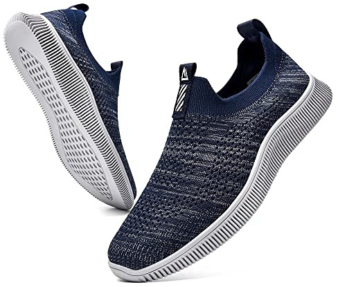 MrToNo Slip On-sneakers för män och kvinnor, sportskor, fitness, gympahall, fritidsskor, ventilerande, lätta joggingskor/löparskor för gator, bekväma, utomhus, promenadskor, Mörkblå, 45 EU