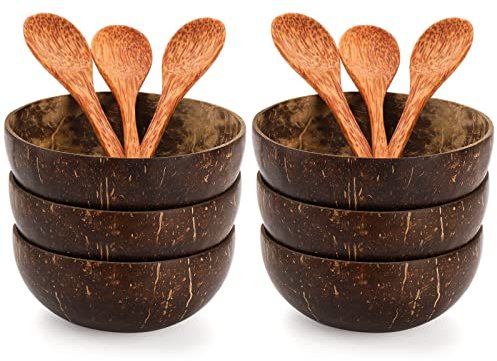 ZENFUN 6 Pack Coconut Bowls with 6 Wooden Spoon, 15.5Oz/450ML Polished Coconut Bowls, Natural Coconut Shell Bowls Set for Vegan Organic Salad, Smoothie or Buddha Bowls, Kitchen Storage