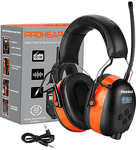 PROHEAR 027 AM FM Radio Headphones with Digital Display, 25dB NRR, Safety Ear Protection Earmuffs for Mowing, Snowblowing, Construction, Work Shops - Orange