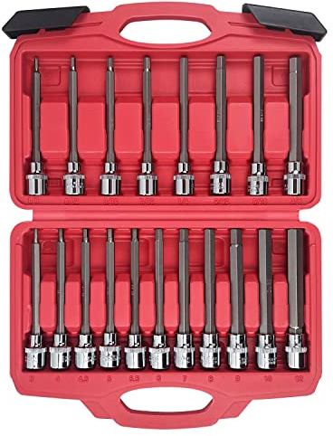 AMM 3/8 Inch Drive Extra Long allen hex bit socket set,19-Piece Standard SAE & Metric Allen socket set, S2 Alloy steel, Automobile repair tools