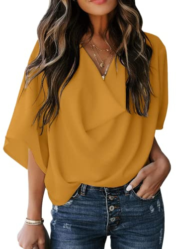 Blusa con mangas cortas y cuello en V de gasa casual para mujer Camisas de una sola tinta Tops de mujer Camisetas de gasa sexy Camisetas casuales anchas Blusas Top oversize Túnica Top de gasa, L