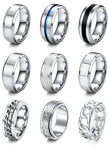 LOLIAS 9 Stück Edelstahl Herren Ringe - Silber Matt Finish Poliert Band, Ketten, Flaschenöffner - Ehering Verlobungsringe Vintage Fidget für Männer Damen