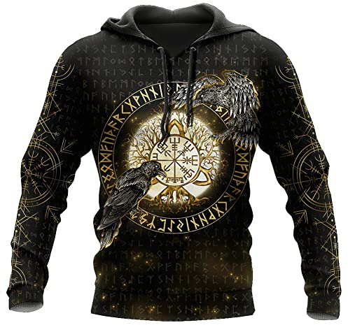 WDBAYXH Norvegese Albero della Vita Pullover Viking Compass Hoody Uomo con Cappuccio, 3D Stampa Zip Felpa con Cappuccio Giacca, Viking Pagan Vintage Manica Lunga Streetwear Felpa,Pullover,XS