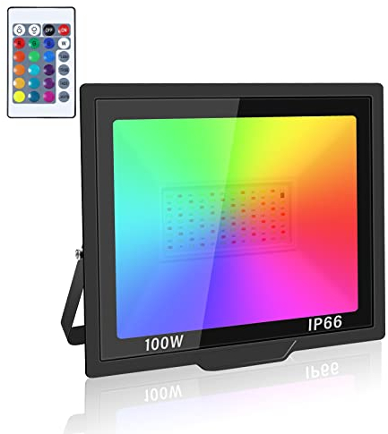 SKYWORLD Luz de inundación LED RGB de 100W, luz de inundación LED para exteriores con control remoto, IP66 a prueba de agua,luces decorativas RGBW de 6000K para Halloween, fiesta de cumpleaños,1 pieza