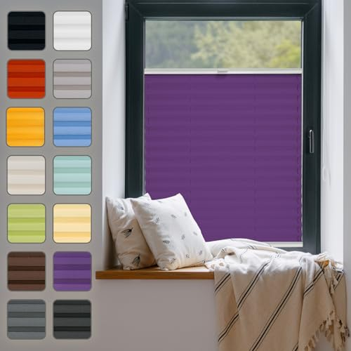 Fenster Plissee ohne Bohren zum Kleben Innenrahmen - Thermo Plisseerollo Innen - Rollo Jalousie, Halterungen auf Rahmen, Faltrollo, Sichtschutz, Blickdicht, für Fenster & Tür - Violett, 45 x 70 cm