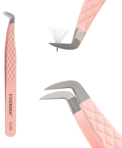 COZBIRD Fiberspetsar stövel pincett för ögonfransförlängningar volymfransar använd diamantgrepp hög precision rostfritt stål rosa (C-05)
