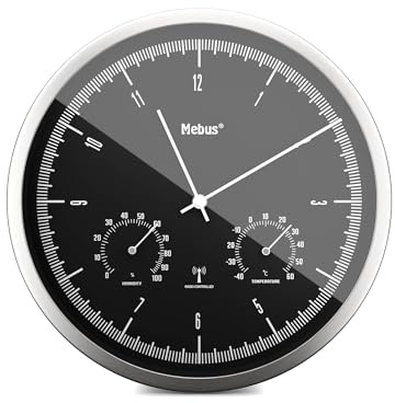 Mebus Trådlös väggklocka TinyTime med termo- och hygrometer | utan tickande ljud | 25 cm | urtavla svart | silverhus | 1977